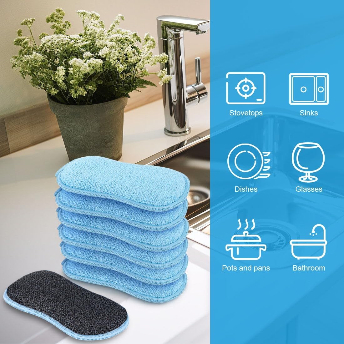 Non Scratch Sponges 12 Pack, Multi Purpose, Dish Pots Pans, Blue