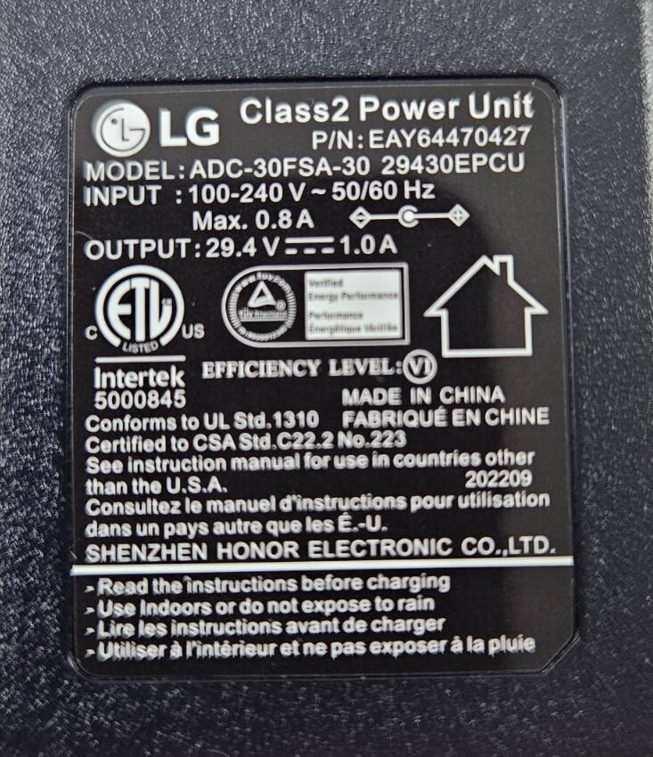 Genuine & New! LG CordZero A9 Series Replacement 29.4V 1.0A Charger EAY64470427