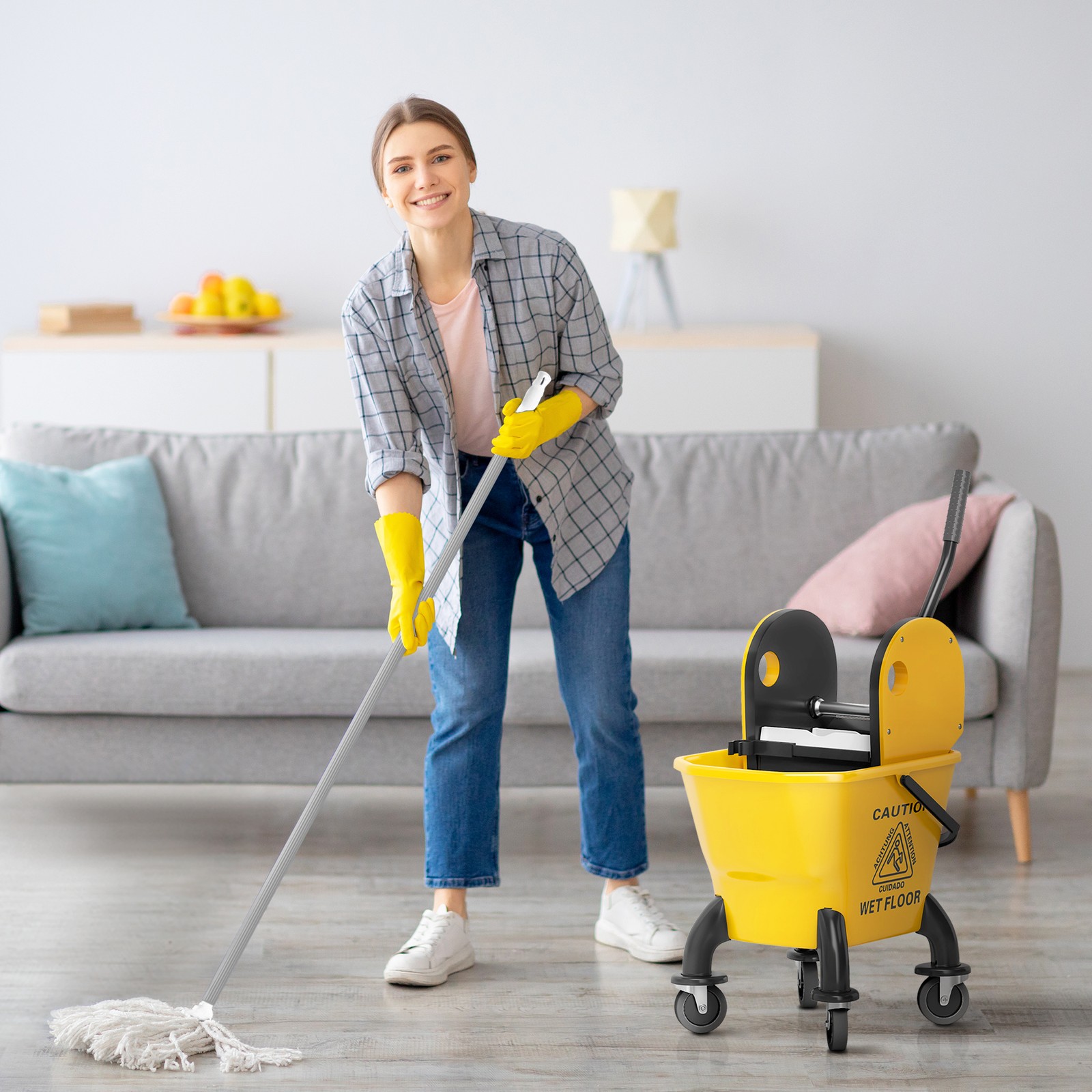 Mop Bucket with Wringer on Wheels and Mop Included,27.5 Quart,Yellow,Refurbished