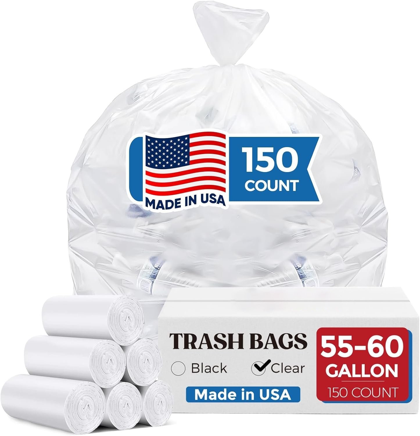 55-60 Gallon Clear Trash Bags Extra Large Garbage Rubbish Bags 150bags 38 x 58″