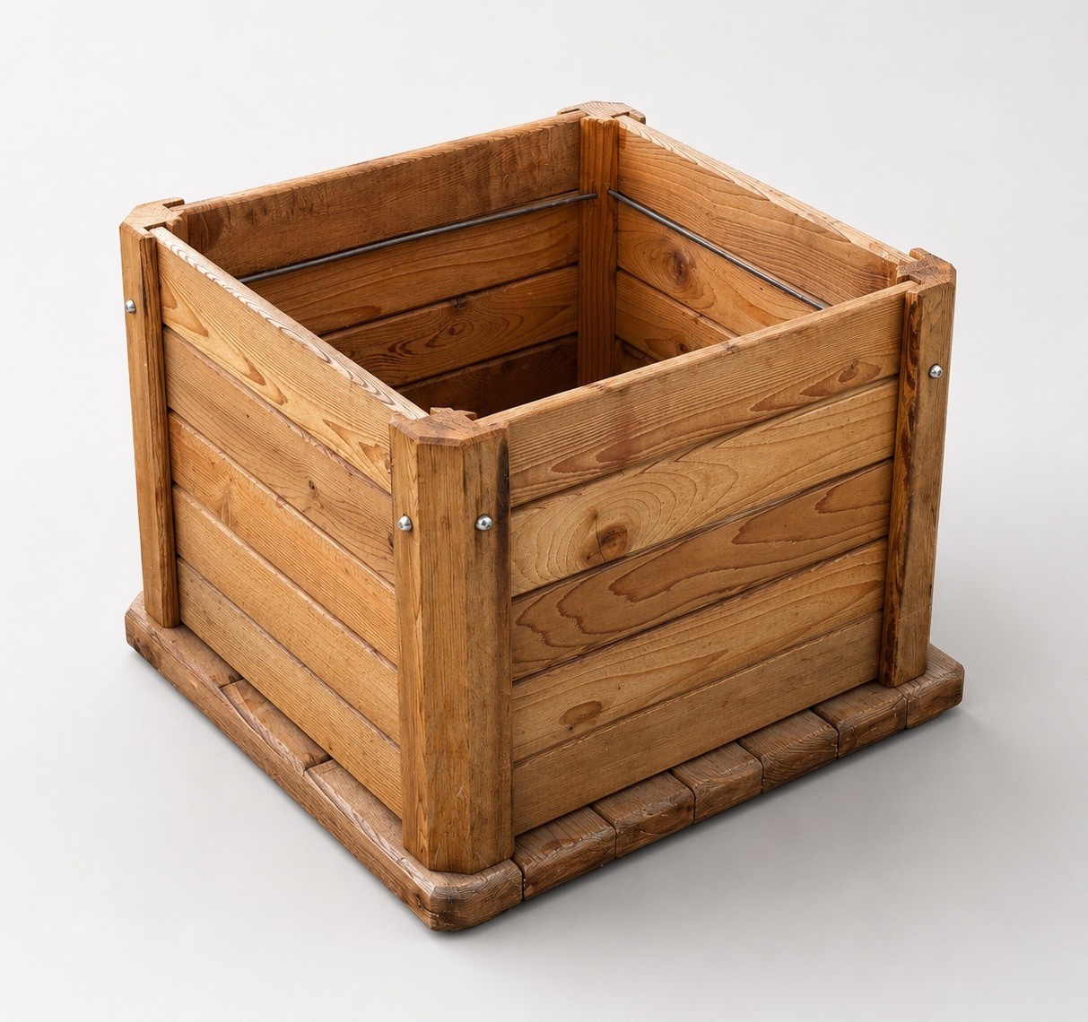 Rustic Slatted Pine Wood Storage Bin Planter Box Farmhouse 14×14 Inch Square Vtg