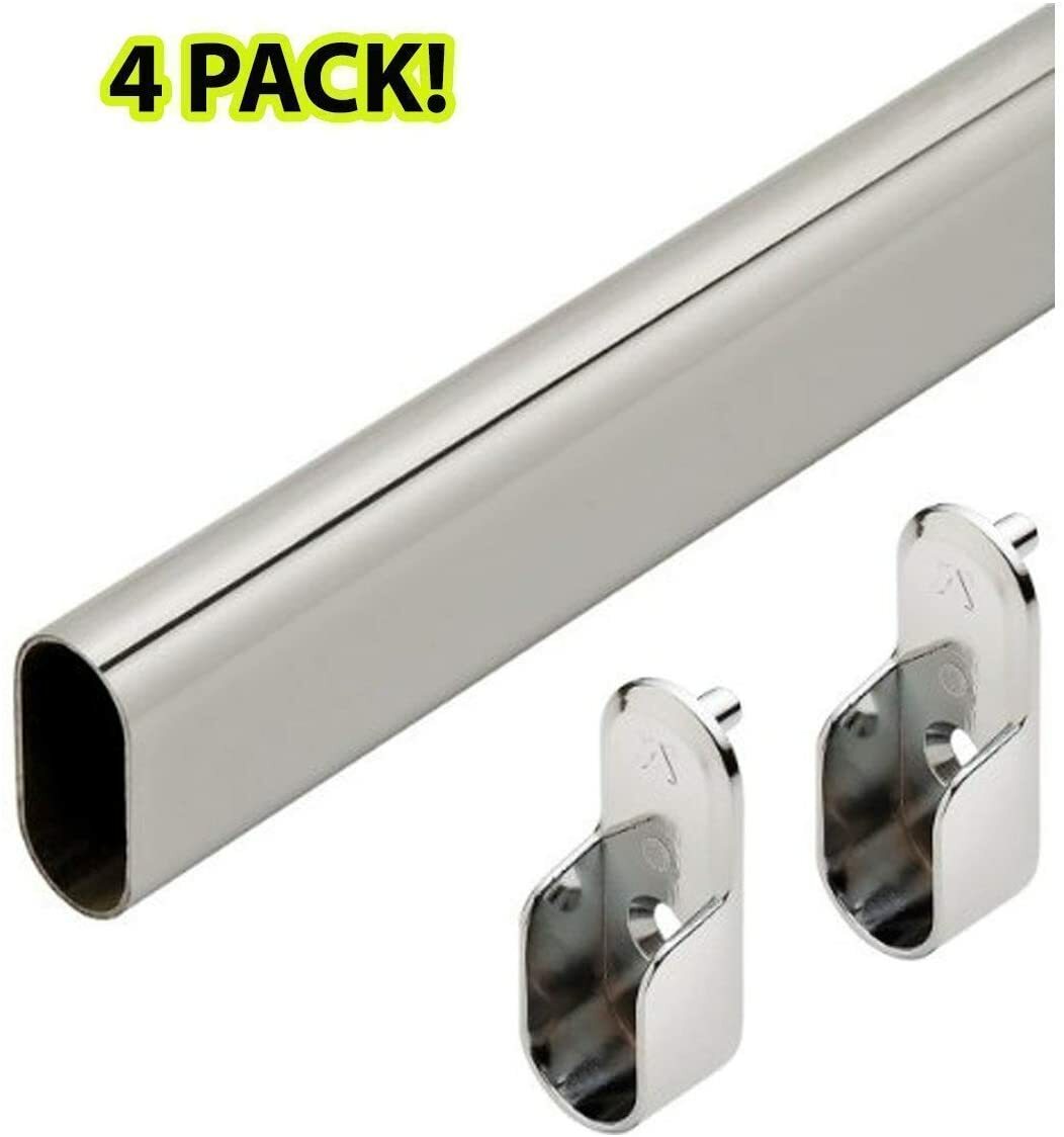 4 Pack Premium Oval Wardrobe Closet Rod Chrome with Closet Rod Brackets