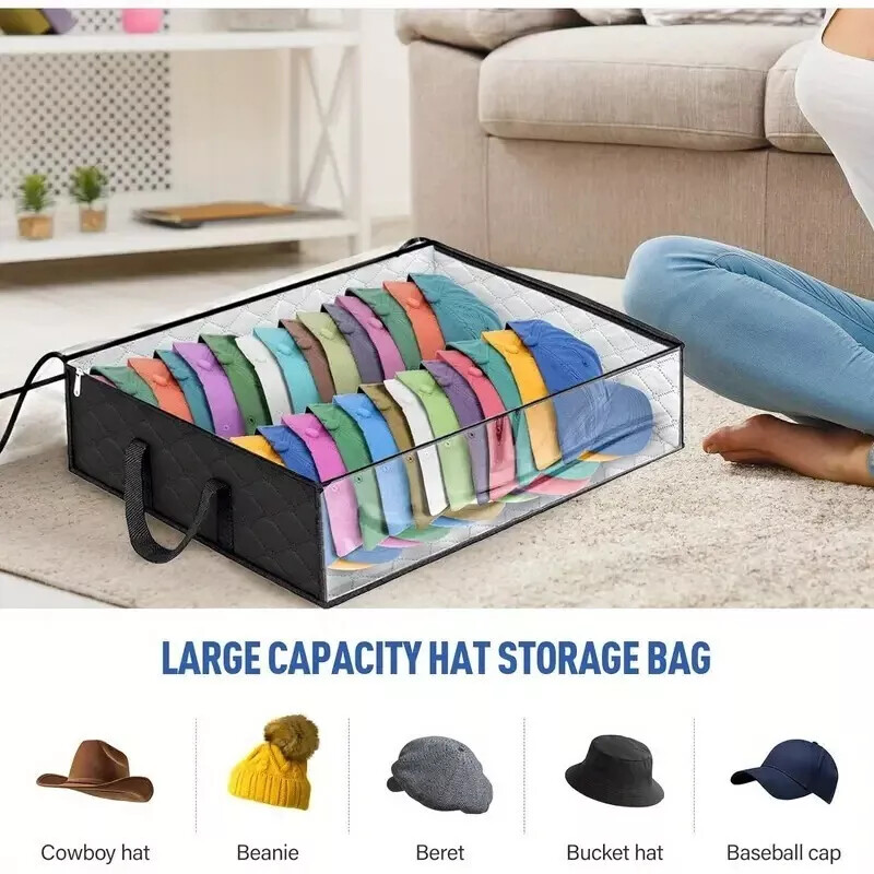 Hat Storage Dust Bag Baseball Hat Cap Organizer Clear Rack Zipper – Black / Gray