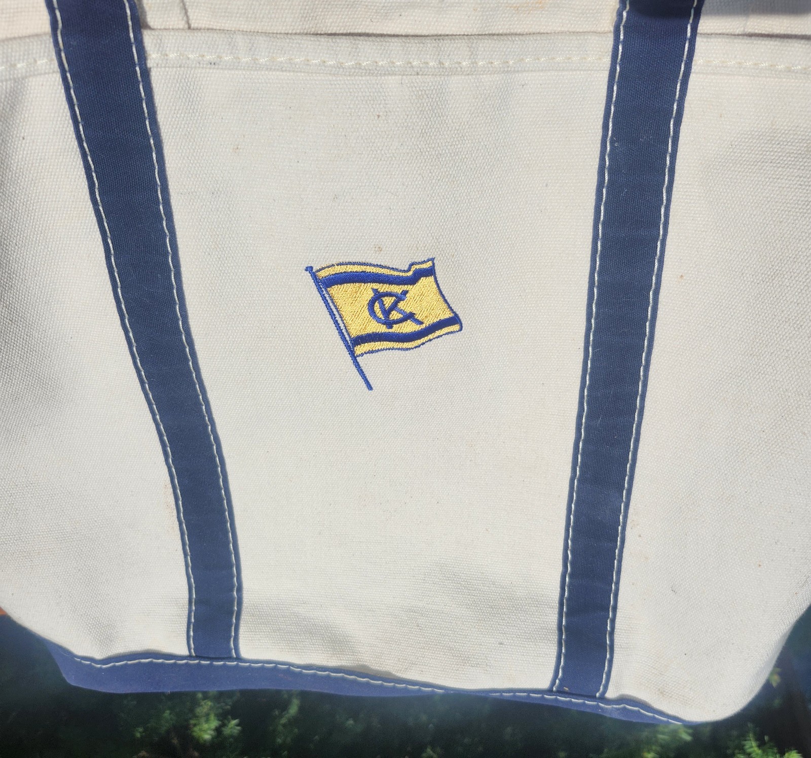 Vintage Lands’ End Canvas Tote Bag Heavy Duty White/Blue USA Nice