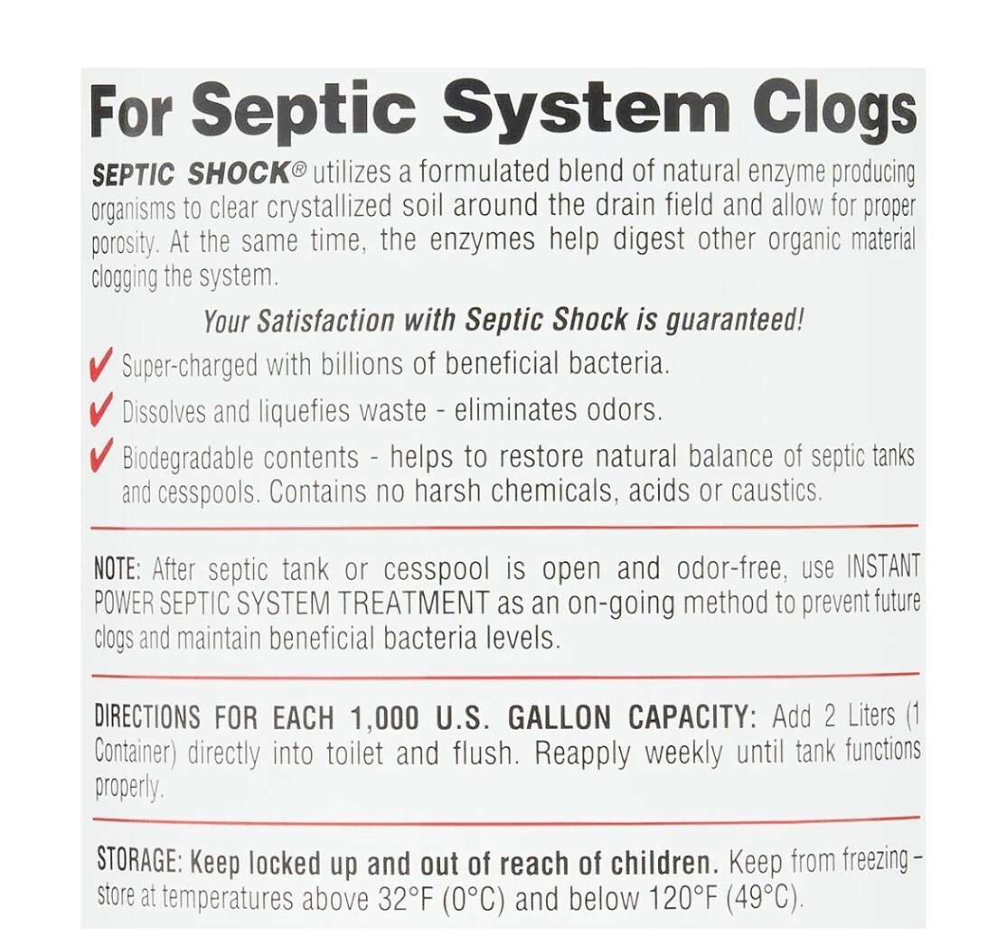 Instant Power Septic Shock, 67.6 fl oz (2 Liter), Super Charged for Clogged Sept