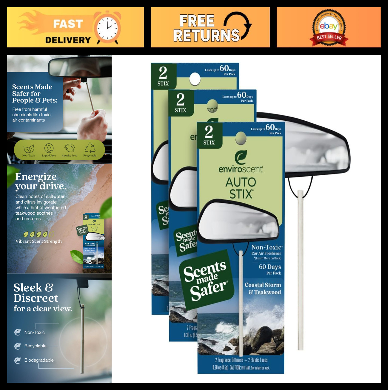 Non-Toxic Car Air Freshener Sticks – Coastal Storm & Teakwood, 6 Count