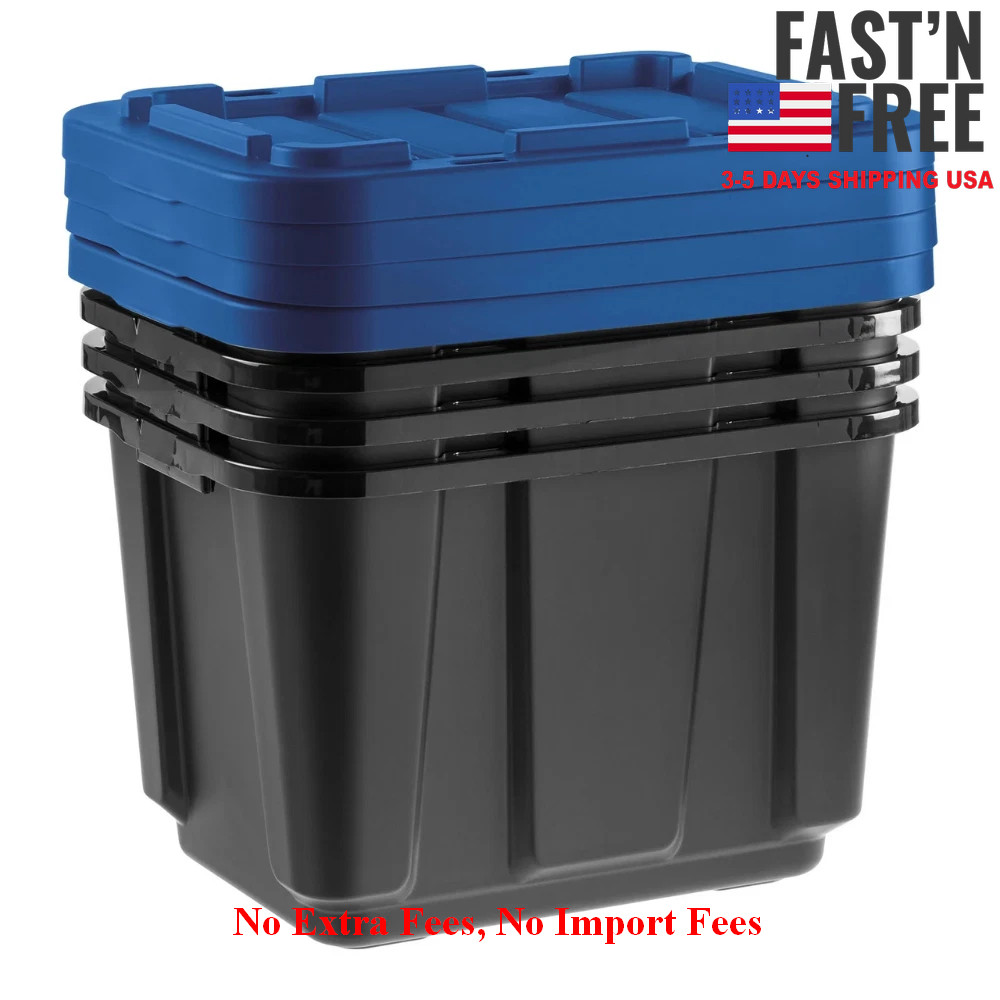 IRIS USA 12 Gal, Stackable Storage Totes, Plastic Bin with Lids, Black/Blue, 4PK