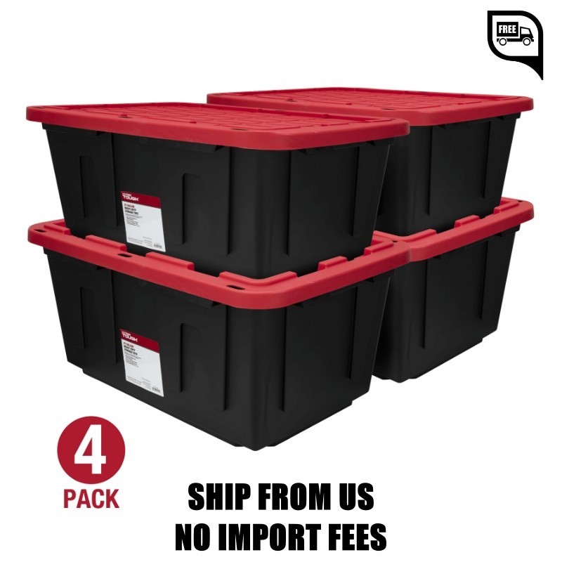 (Pack of 4) Hyper Tough 27 Gallon Large Storage Bin with Snap Lid, Black and Red