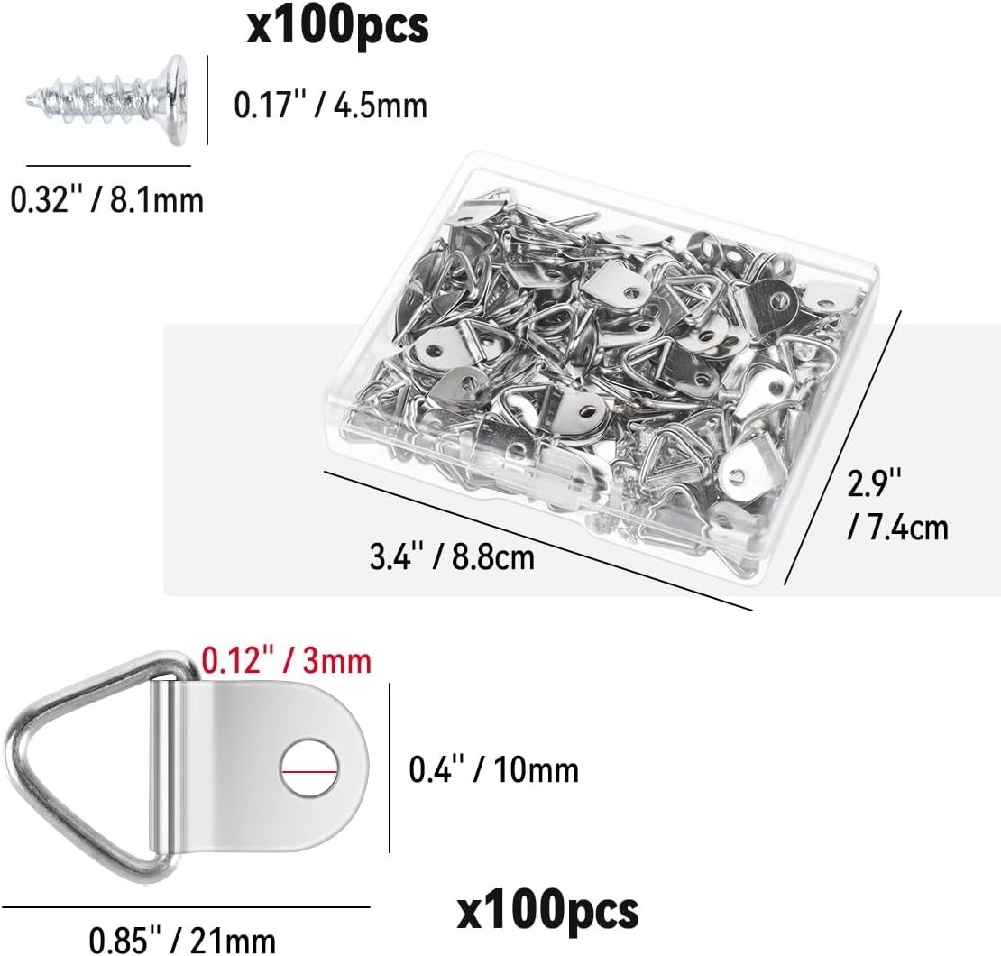 100Pcs D Rings Frame Hooks for Picture Hanging with Screws for Hard Wall