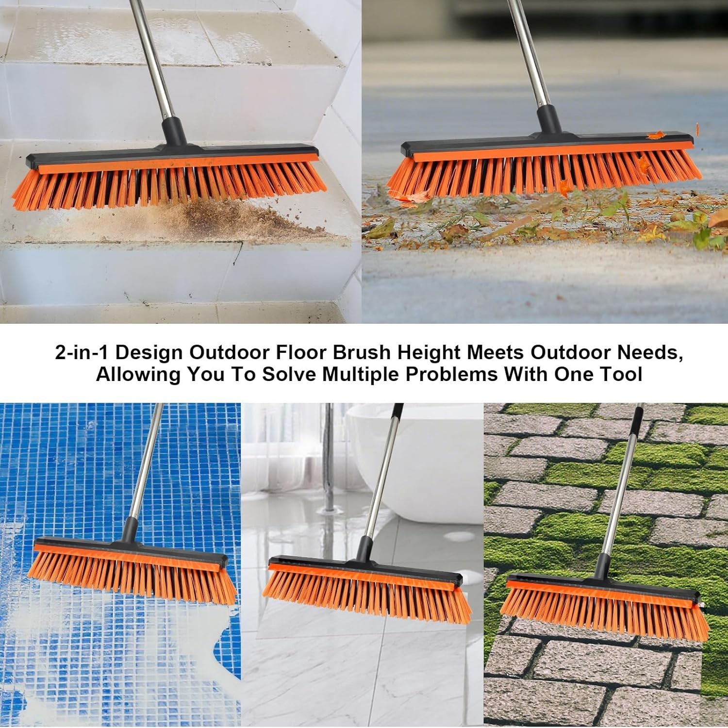 18″ Push Broom Outdoor with Squeegee,Heavy Duty Broom Brush with Handle,Stiff