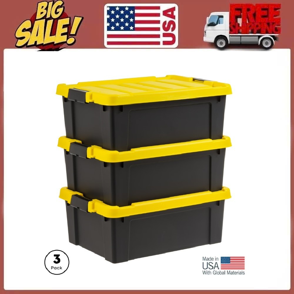 IRIS 12 Gallon Plastic Latching Storage Bin Tote Lid Black 3-Pack