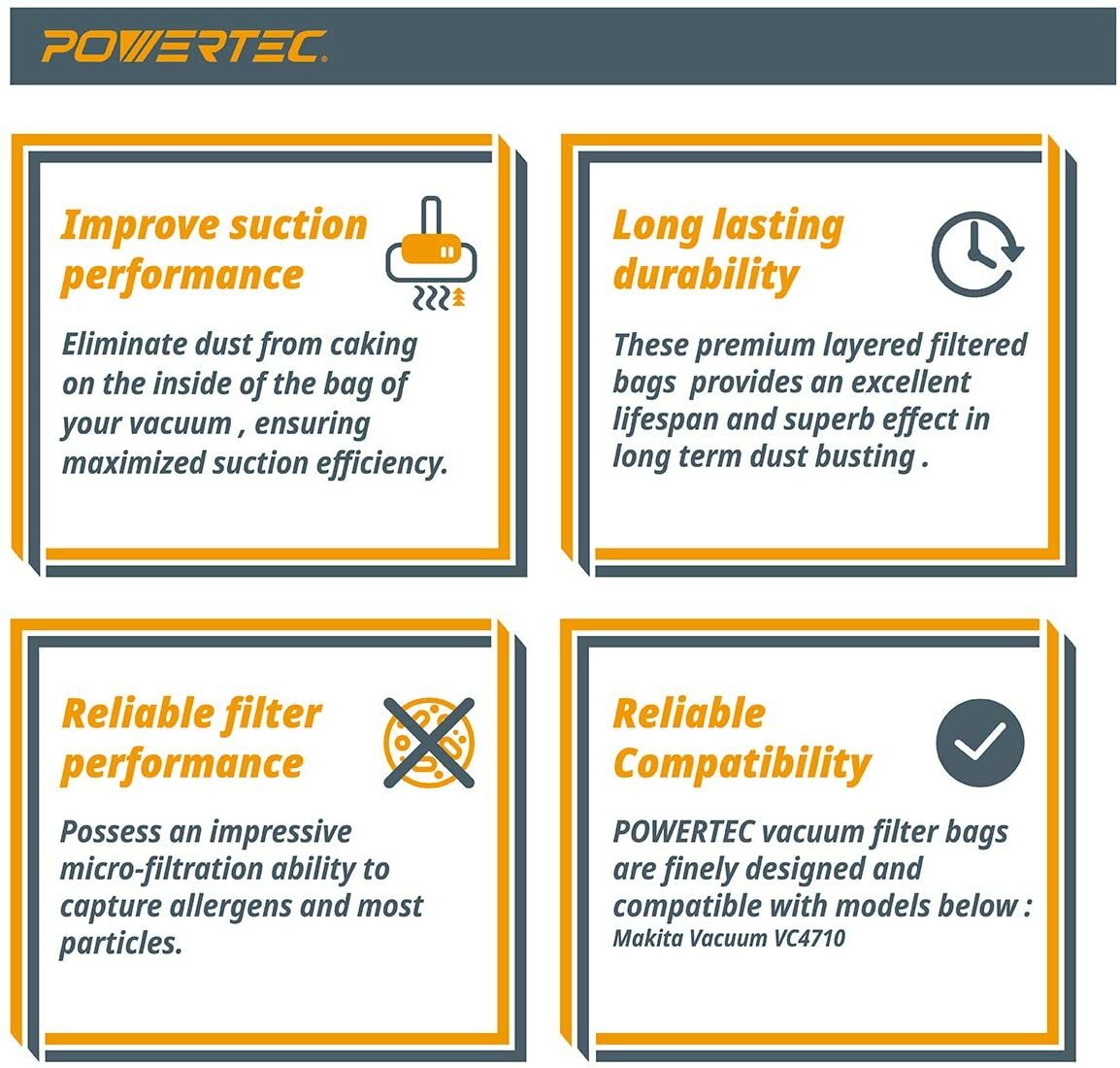 POWERTEC 12 Gallon Fleece Filter Bag – Makita Vacuum Dust Extractor VC4710 75052