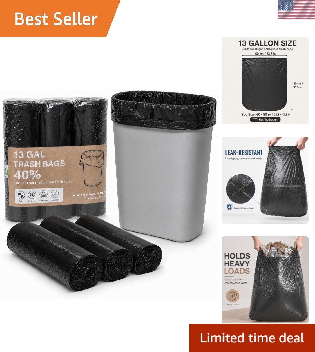 Heavy Duty 13 Gallon Trash Bags, 60 Count, 1.1 Mil Thickness – Leak-Proof Design