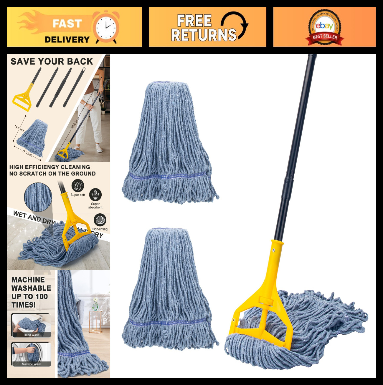 Heavy Duty Industrial Mop with 3 Extra Large Reusable Heads | 59″ Long Handle, L