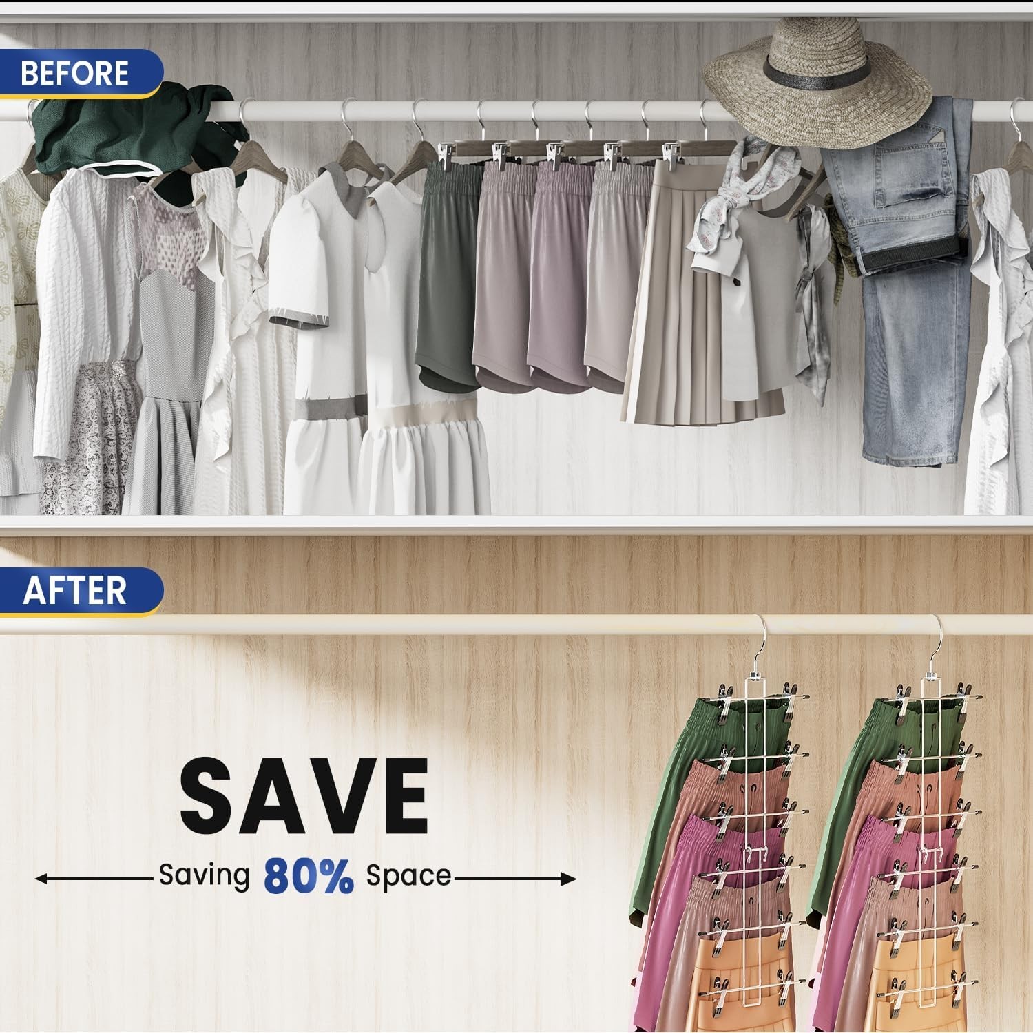 Pants Hangers with Clips,Space Saving Hanging Closet Organizer-6 Tiers Skirt Han