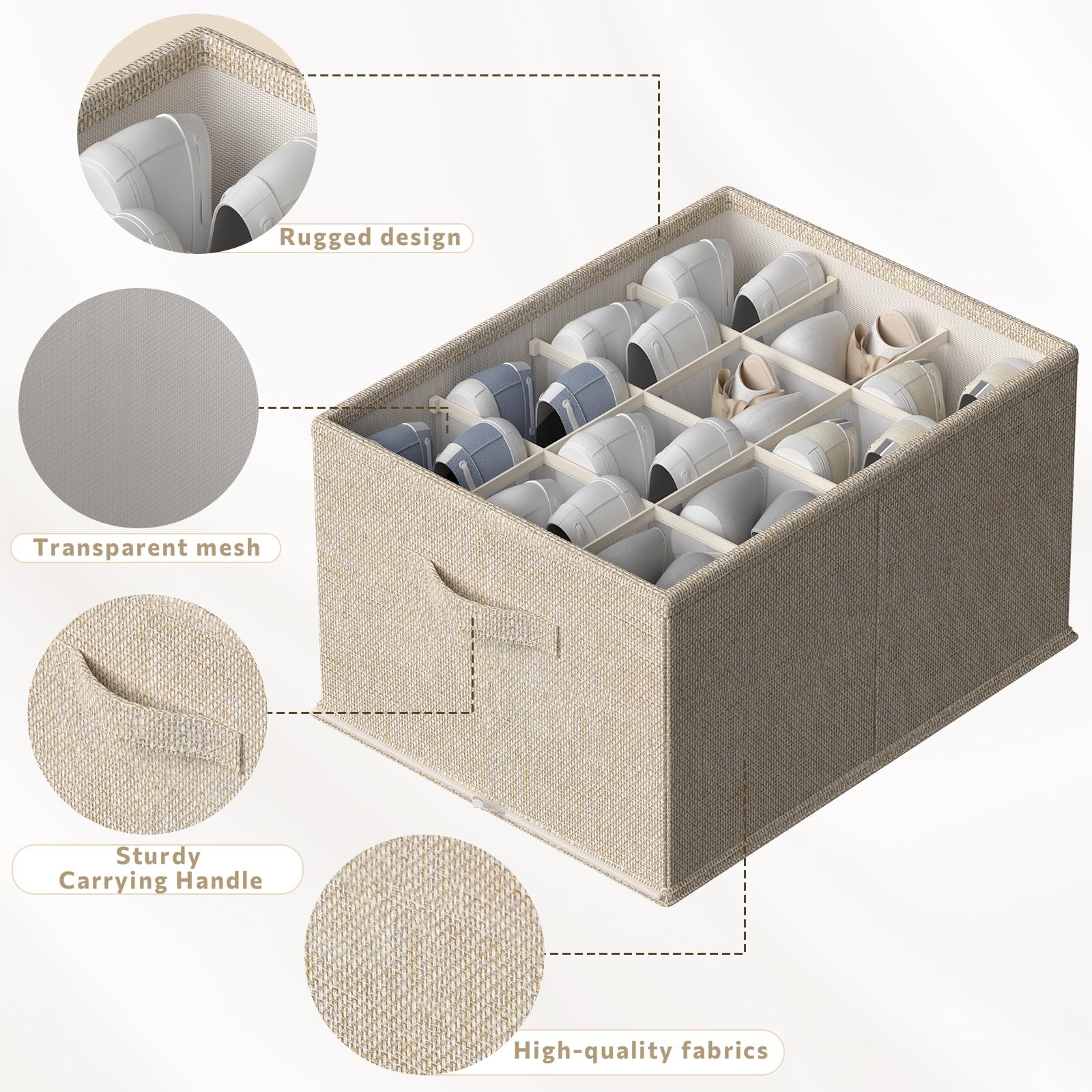 Beige Foldable Shoe Organizer Closet Storage Containers 16.5×12.6×9.5 In 4 Pack