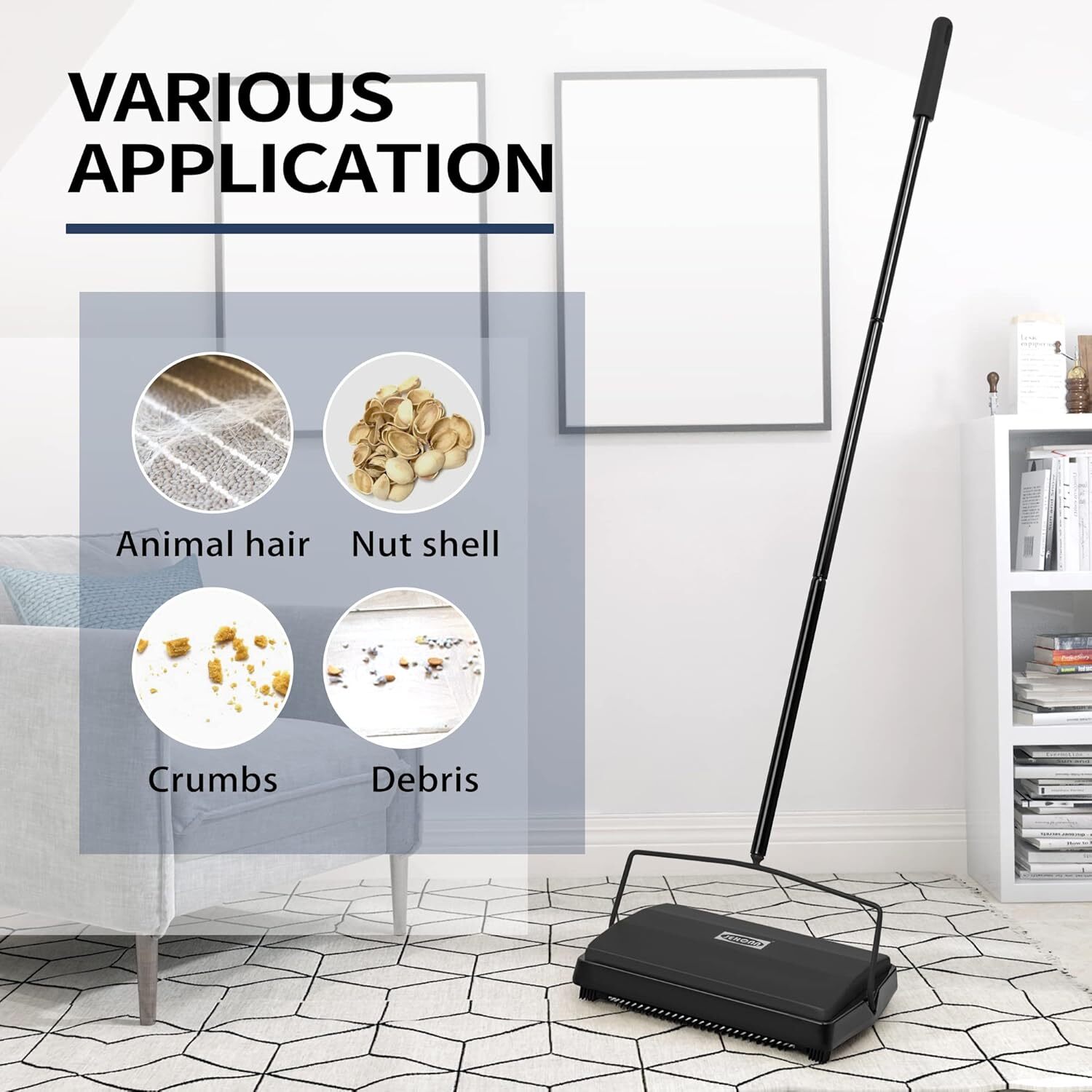 Carpet Floor Sweeper with Adjustable Handle Non-Electric Manual Sweeping Black