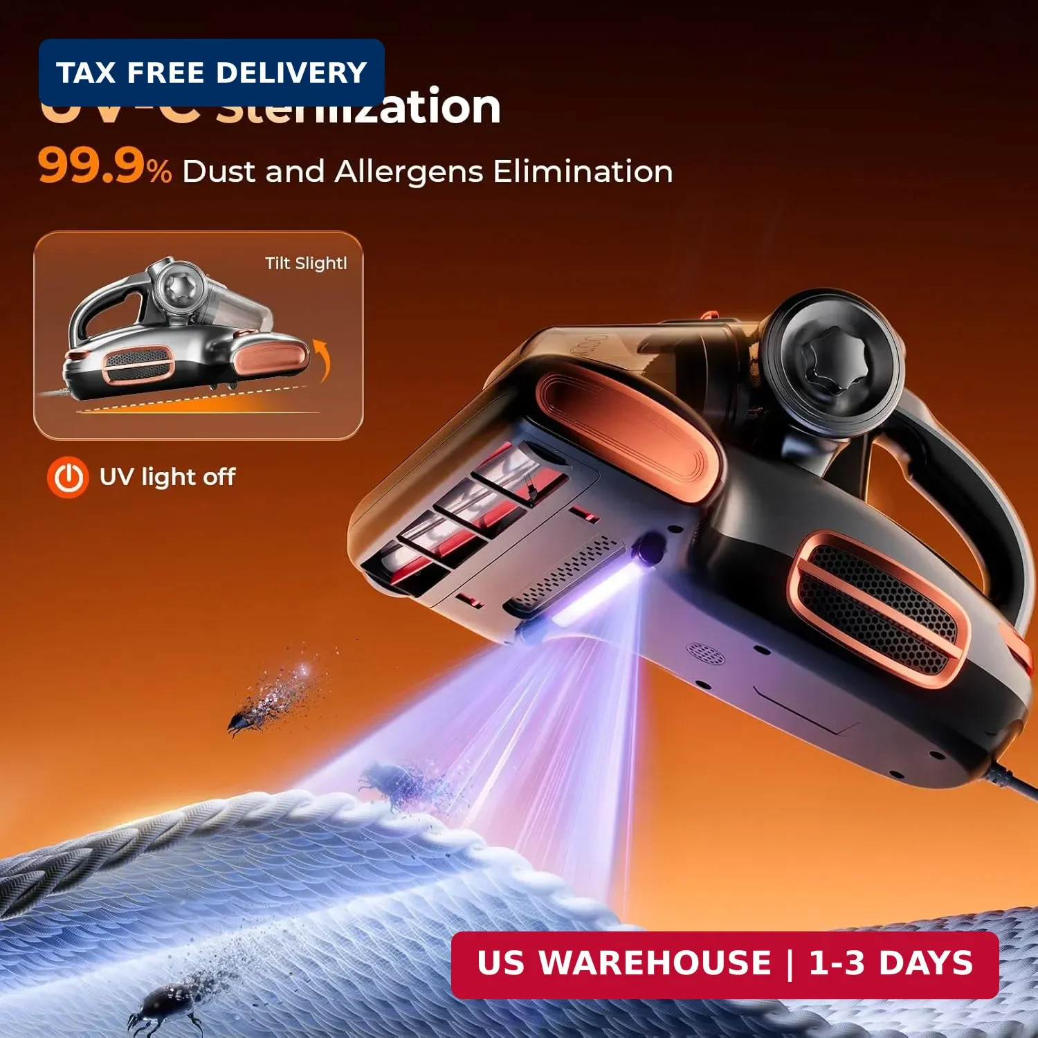 JIGOO T600 Bed Vacuum Cleaner with UV-C Light, 15Kpa Suction 700W Powerful Doubl
