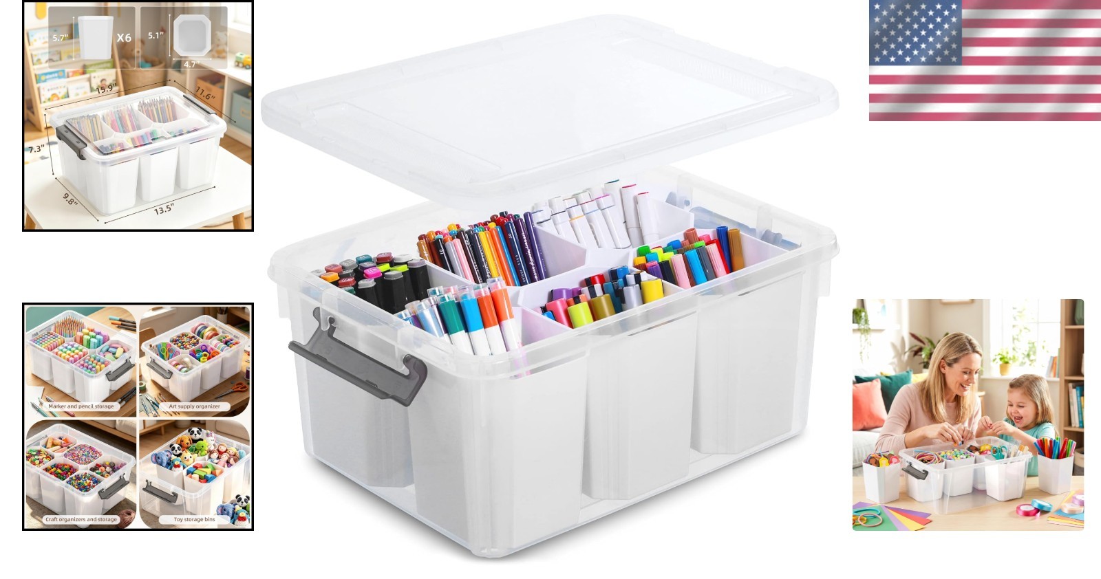 Multipurpose 17 QT Clear Storage Bin with Detachable Inserts & Lift-Off Lid