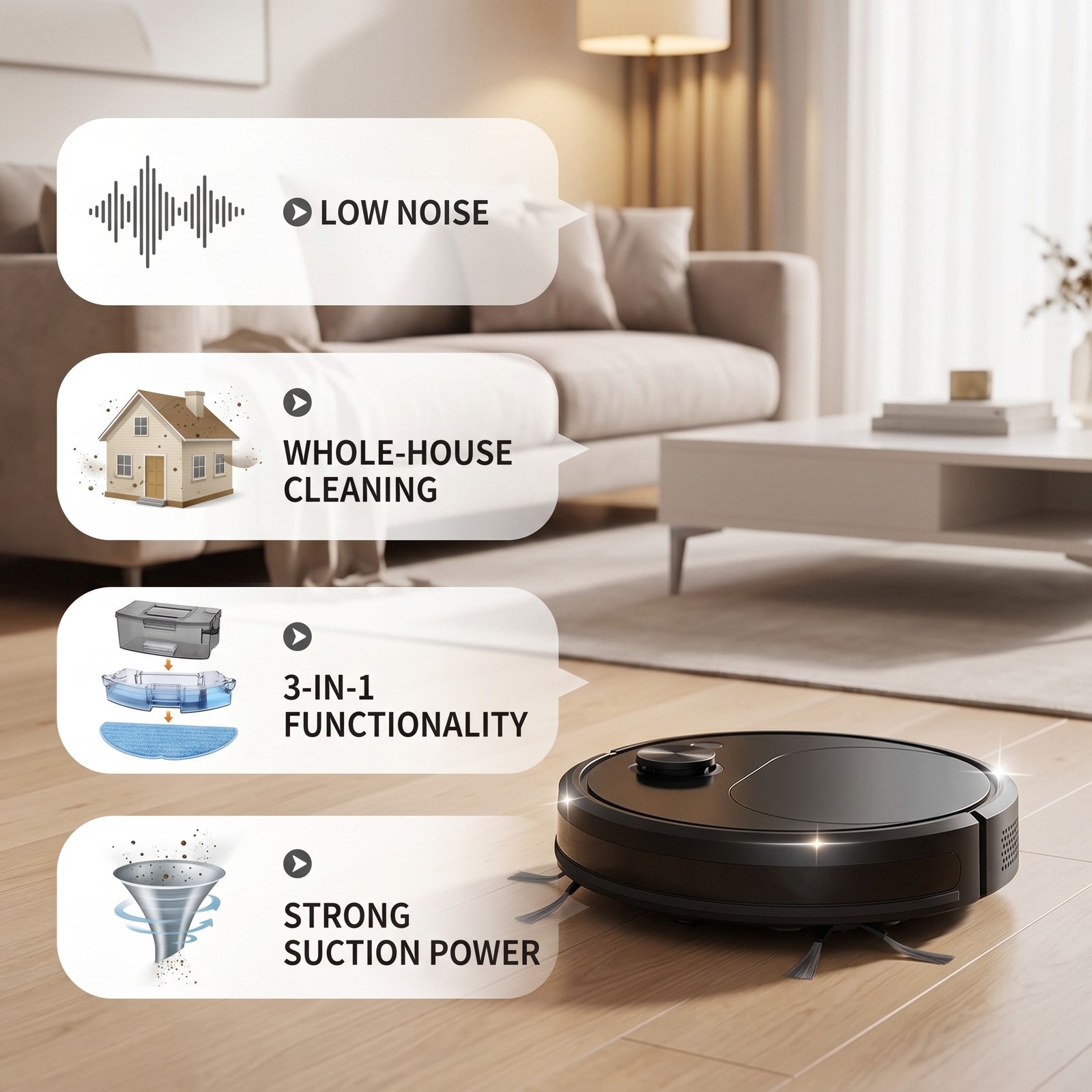 Robot Vacuum Automatic Vacuum Cleaner Low Noise Rechargeable 3 In 1 Intelligent