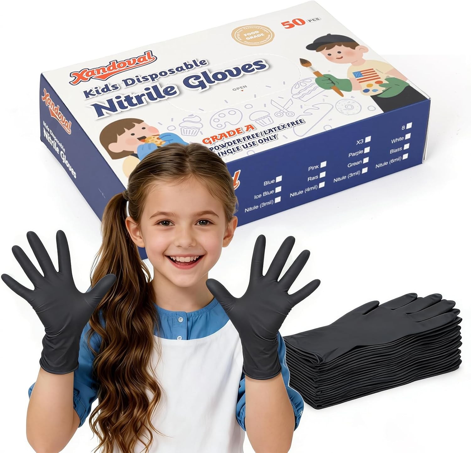 Kids Nitrile Gloves for 6-10 Years, 5Mil Bla Disposable Gloves for Work,