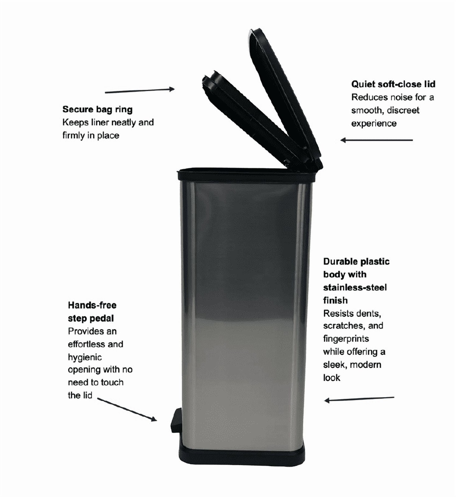 Mainstays Kitchen Trash Can, 13.2 Gallon Plastic Step Garbage Bin with Lid, Sil