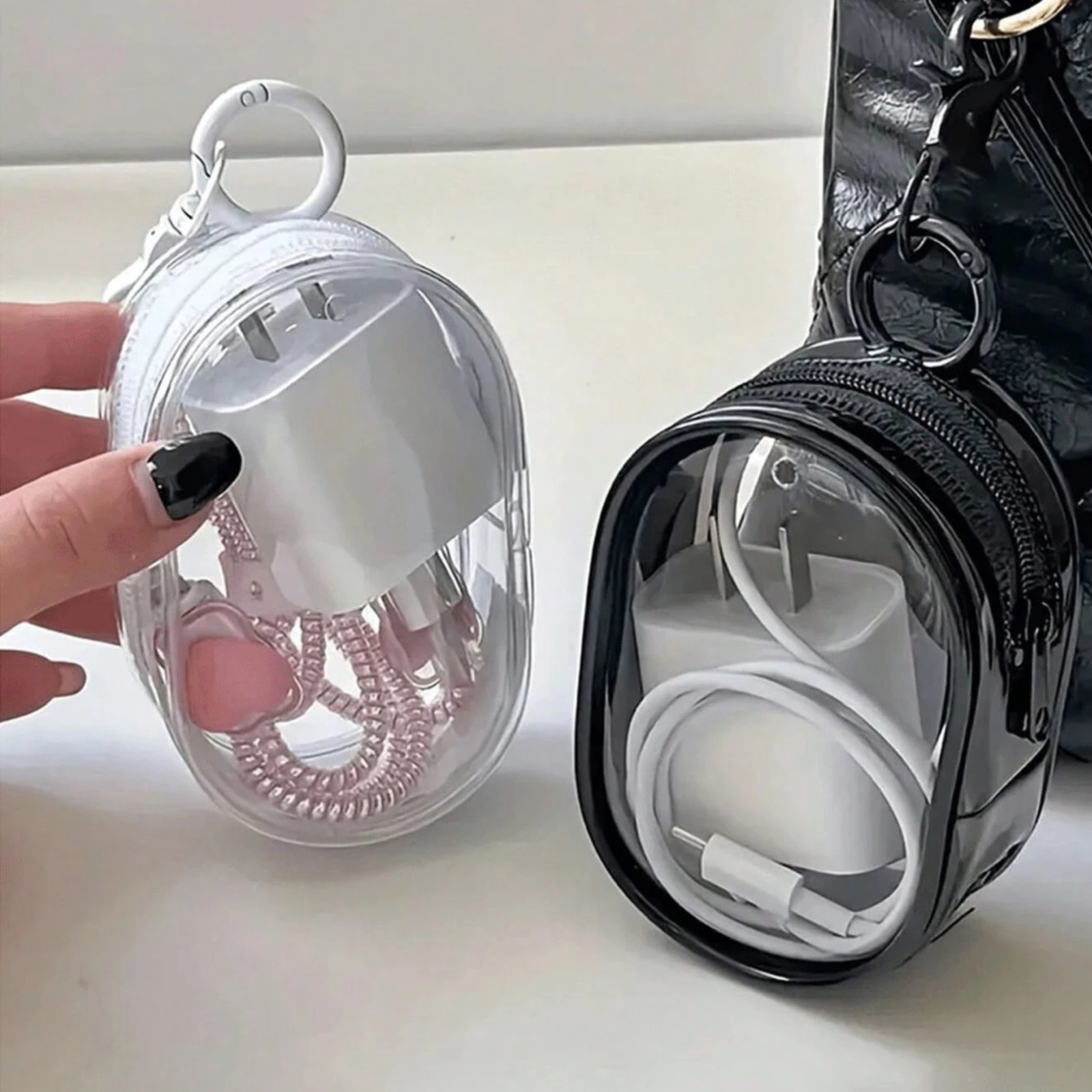 2 Pack Transparent Mini Zipper Storage Pouch Travel Bag Organizer Keychain Clip