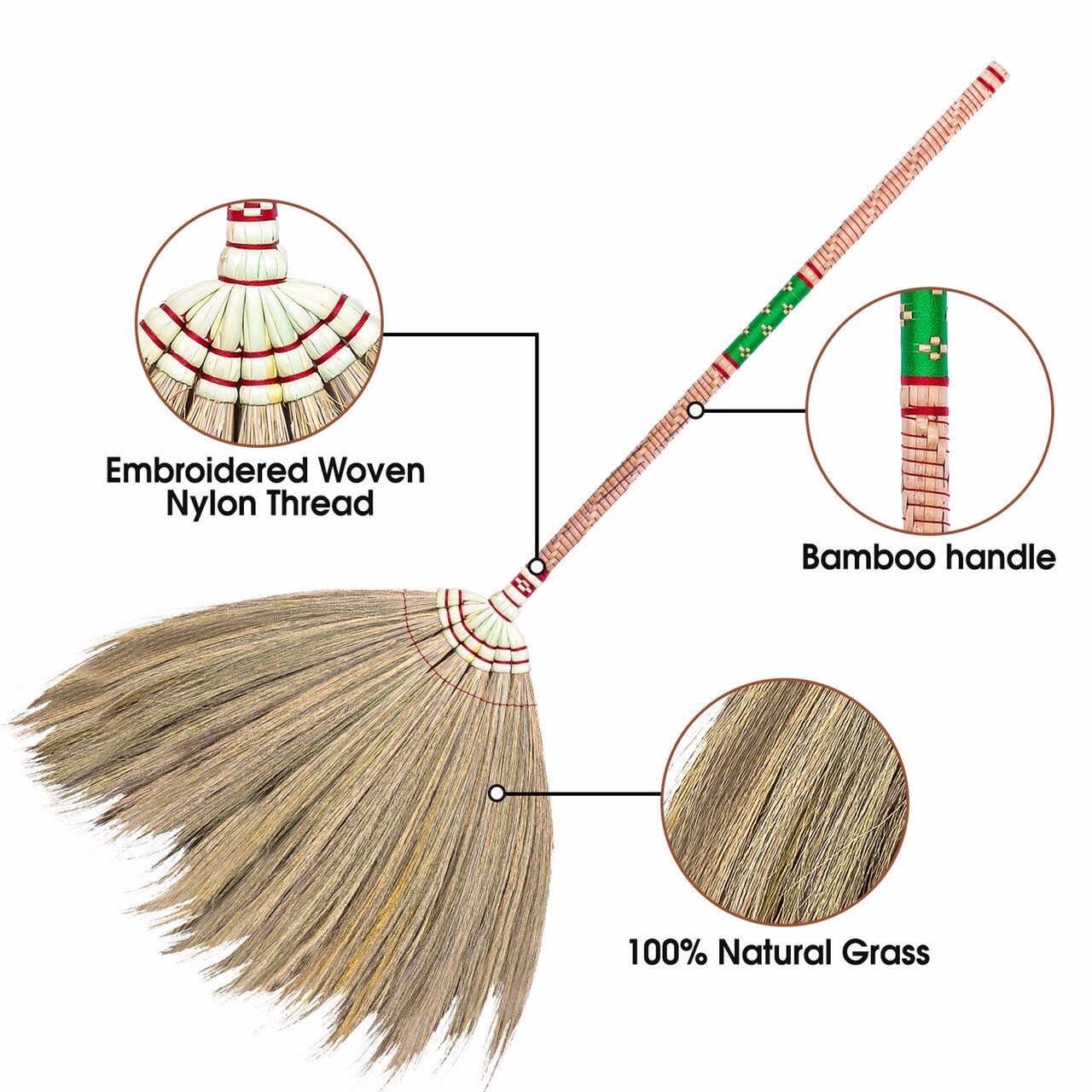 Authentic Grass Broom Bamboo Grass Full Embroidery Woven Thread Handle Handmade