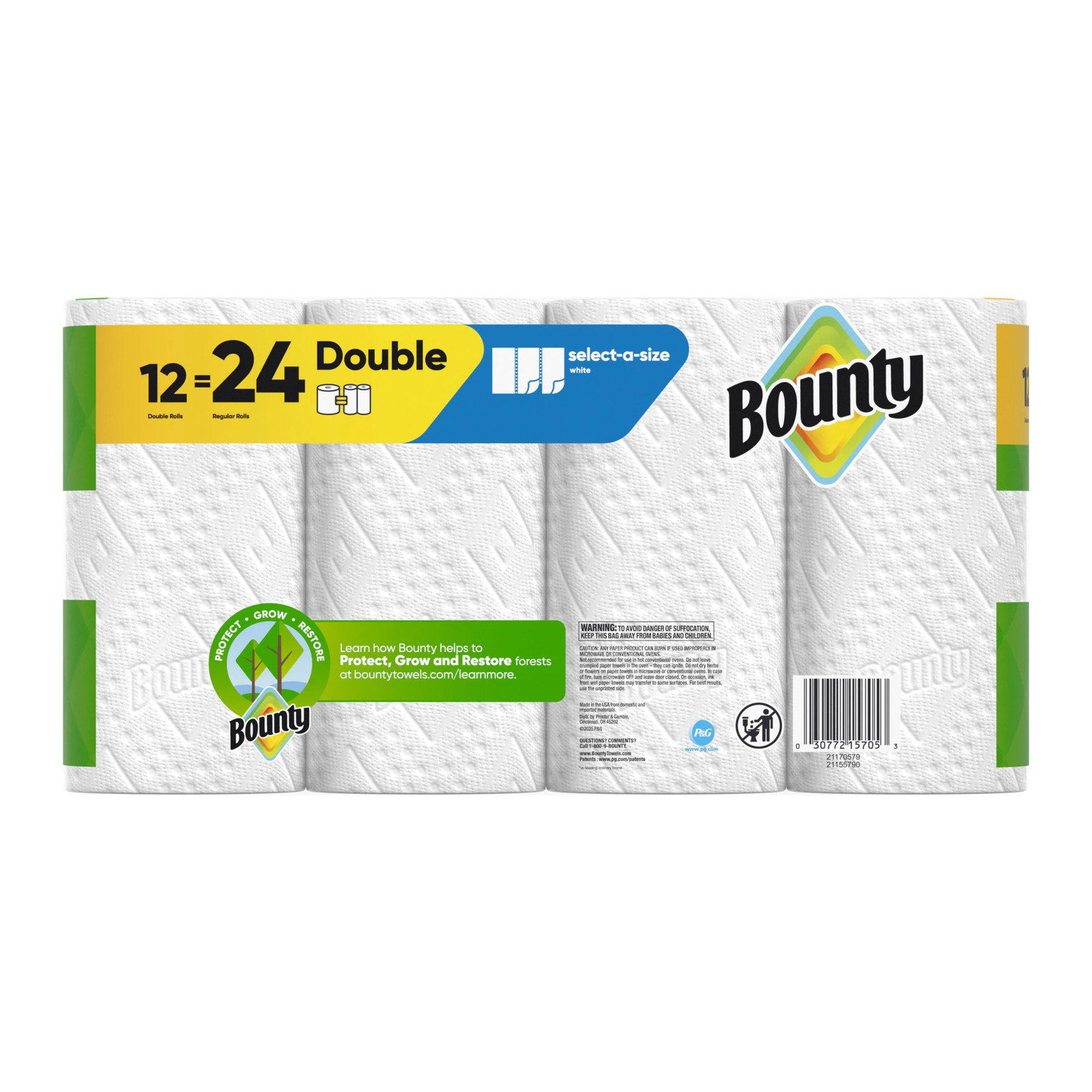 Bounty Paper Towels Select-A-Size Double Rolls, 12 Rolls Total, White