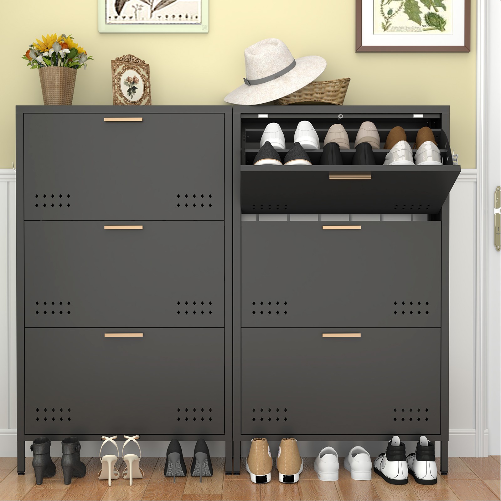 Shoe Cabinet with 3 Flip Drawers, Hidden Metal Shoe Cabinet for Entryway Hallway