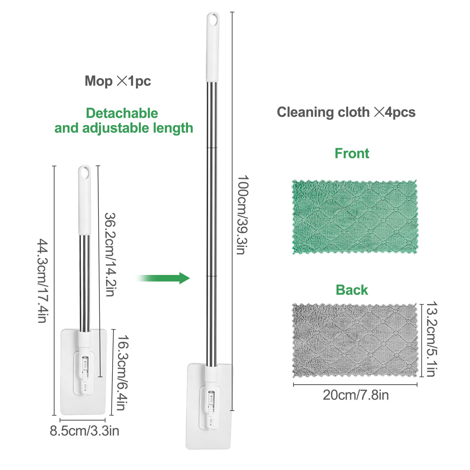 Snap Grip Mini Mop 100cm Adjustable Long Handle Dust Mop with 4 Cloths for Glass