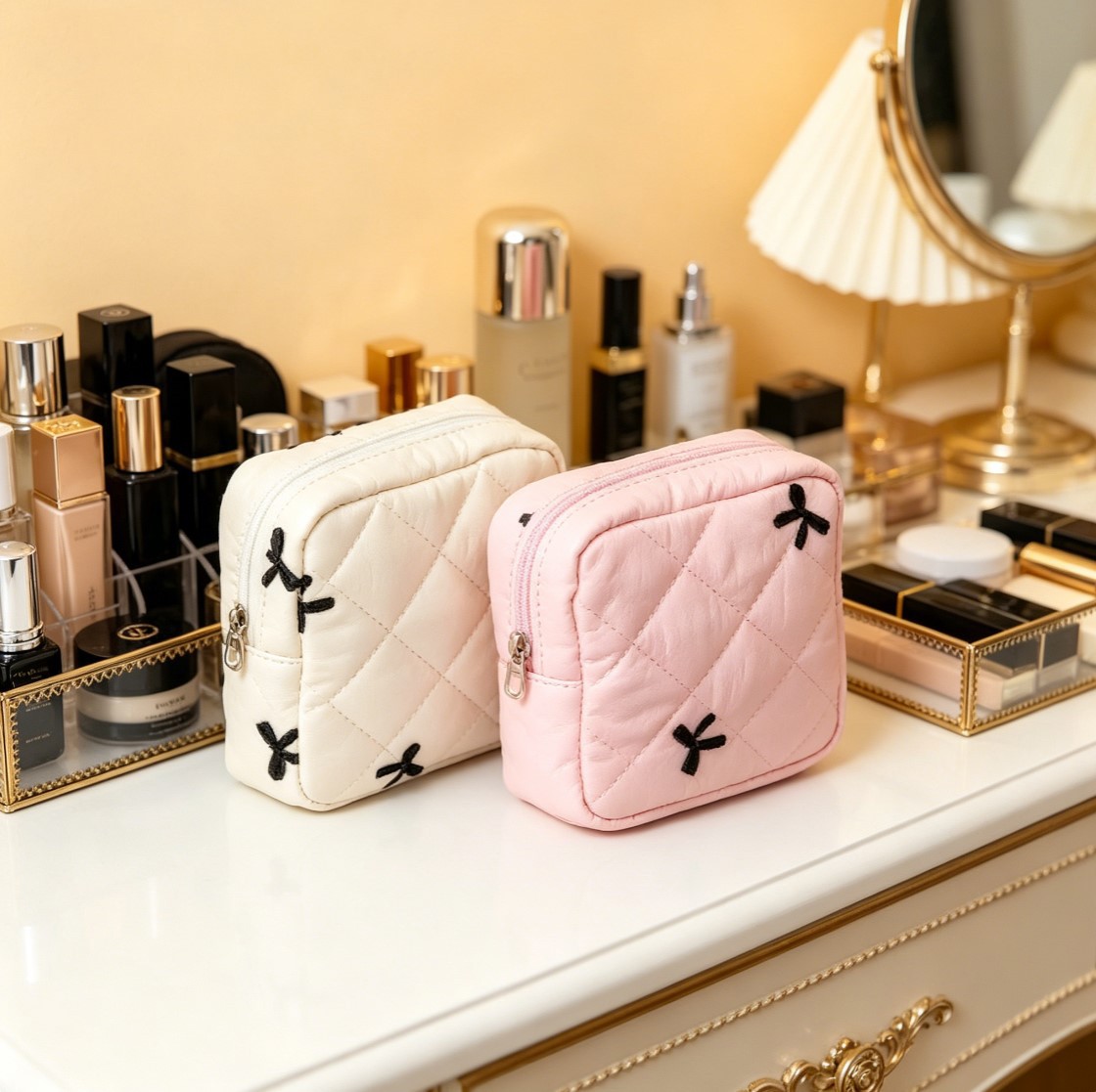 2-Pack Cute Bow Embroidery Sanitary Napkin Bags, Multi-Purpose Storage