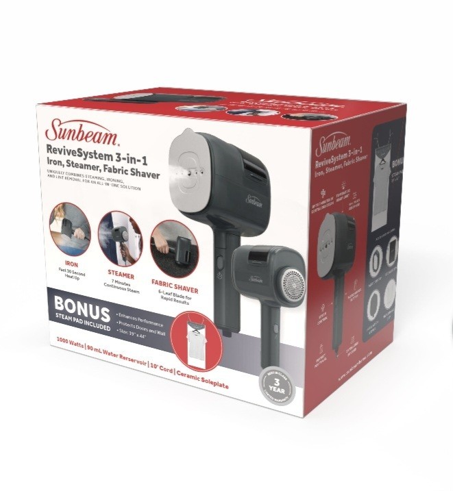 Sunbeam ReviveSystem 3 In 1 Steamer, Iron, Fabric Shaver 1000w Steam Pad Travel