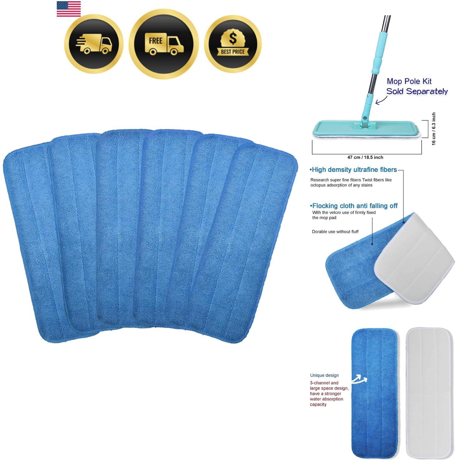 Microfiber Replacement Mop Pad, 18″ x 6″ Wet & Dry Home & Commercial Caning R…