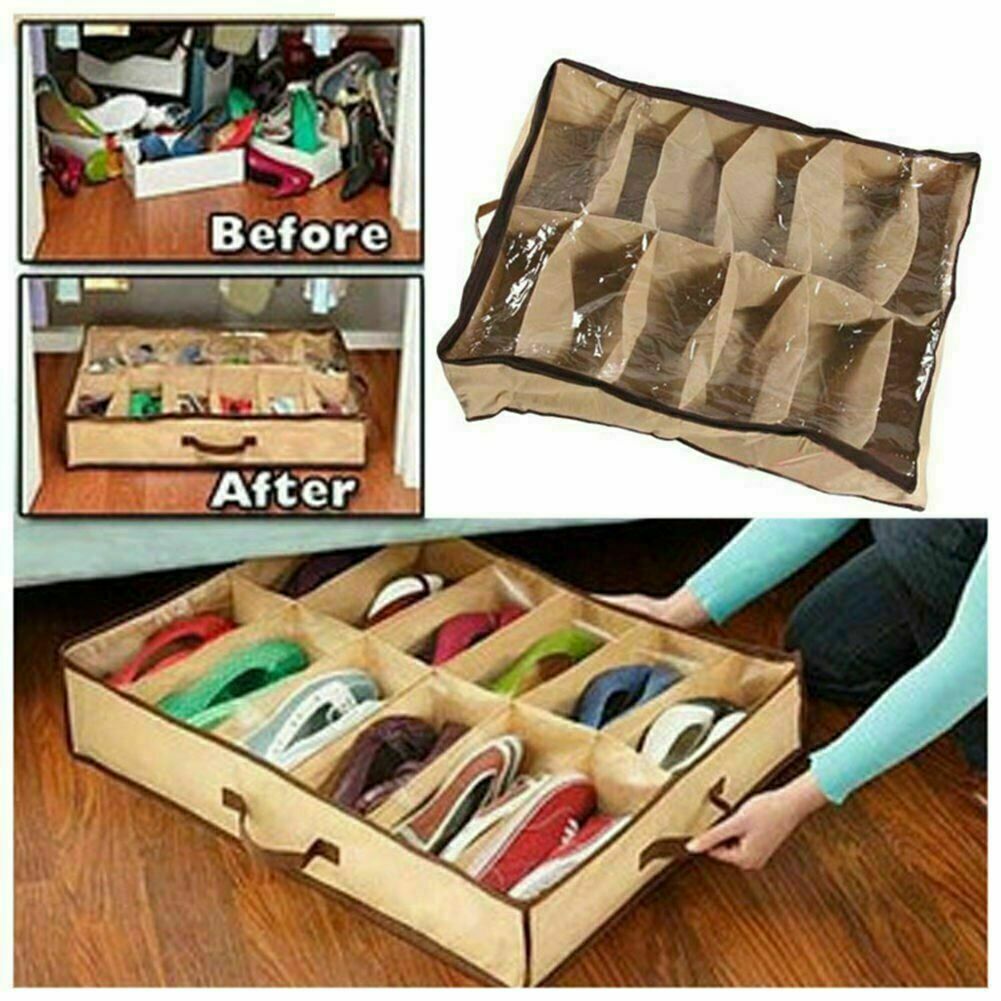 2Pcs 12 Pairs Under Bed Shoe Storage Organizer Holder Closet Box Bag with Zipper