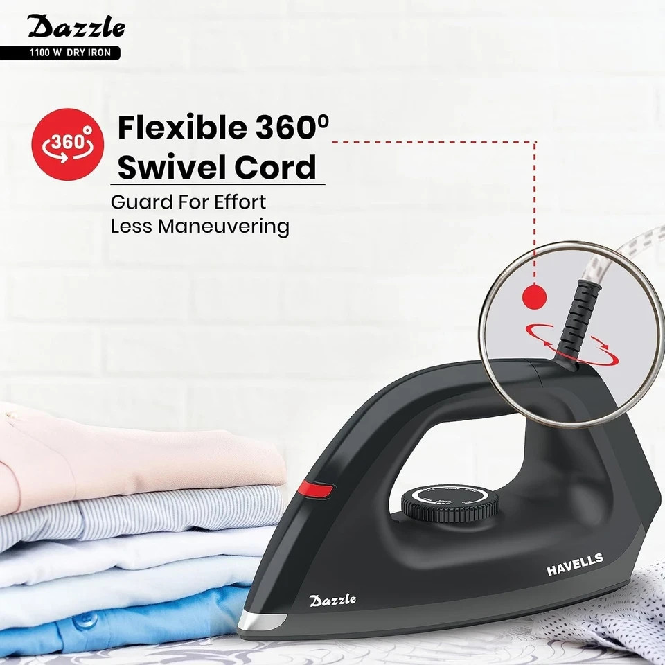 Havells Dry Iron Dazzle 1100 Watts, Iron Press, Greblon Non Sick Soleplate 220V