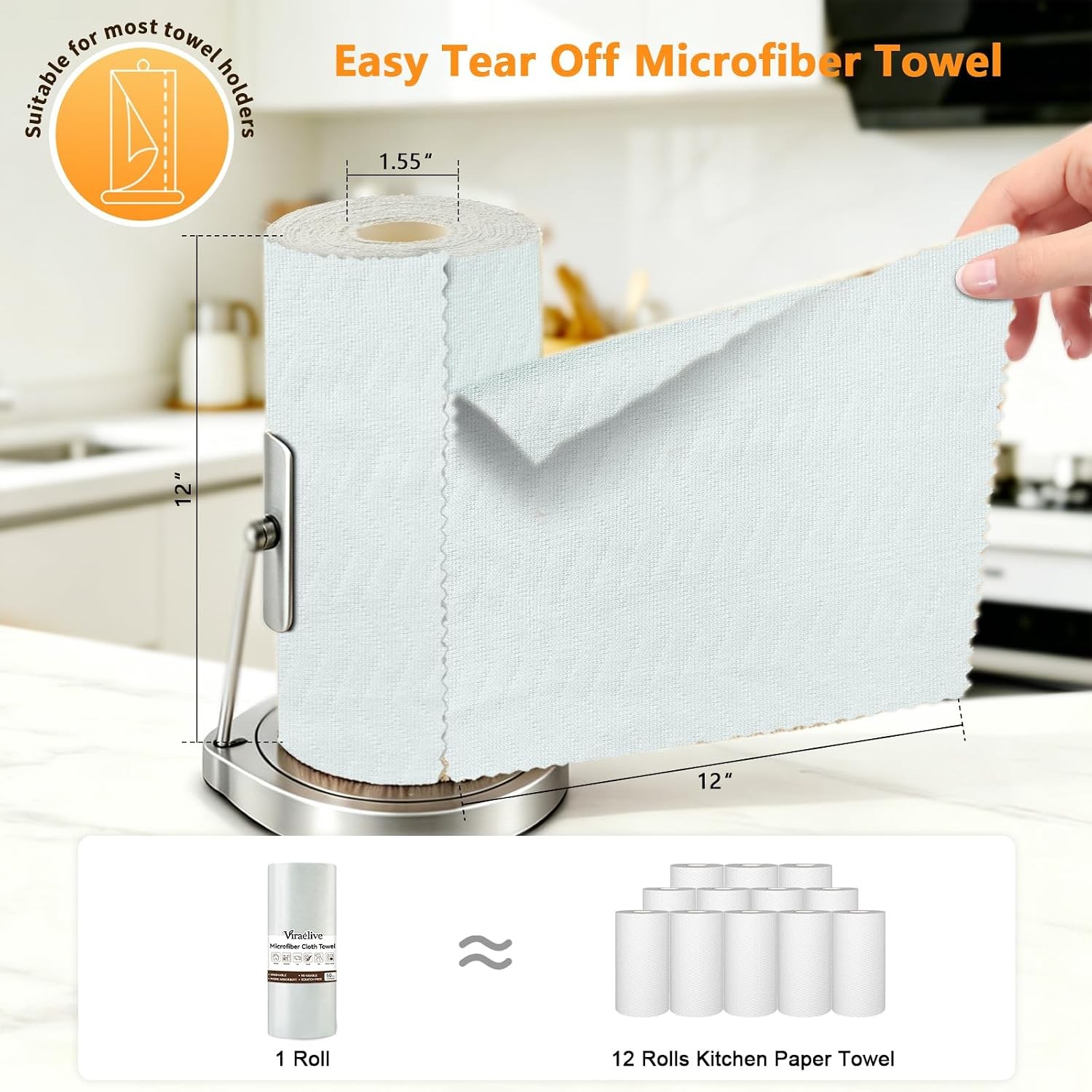 Microfiber Cleaning Cloth Roll, 50 Tear-Away Sheets, Reusable & Washable,