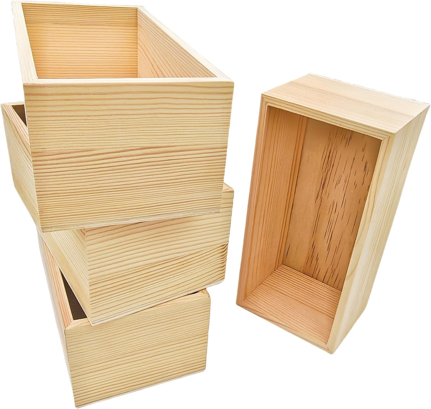 4 Pack Unfinished Wooden Craft Storage Organiser Boxes, 8 X 4 X 3 Inch Rectangle