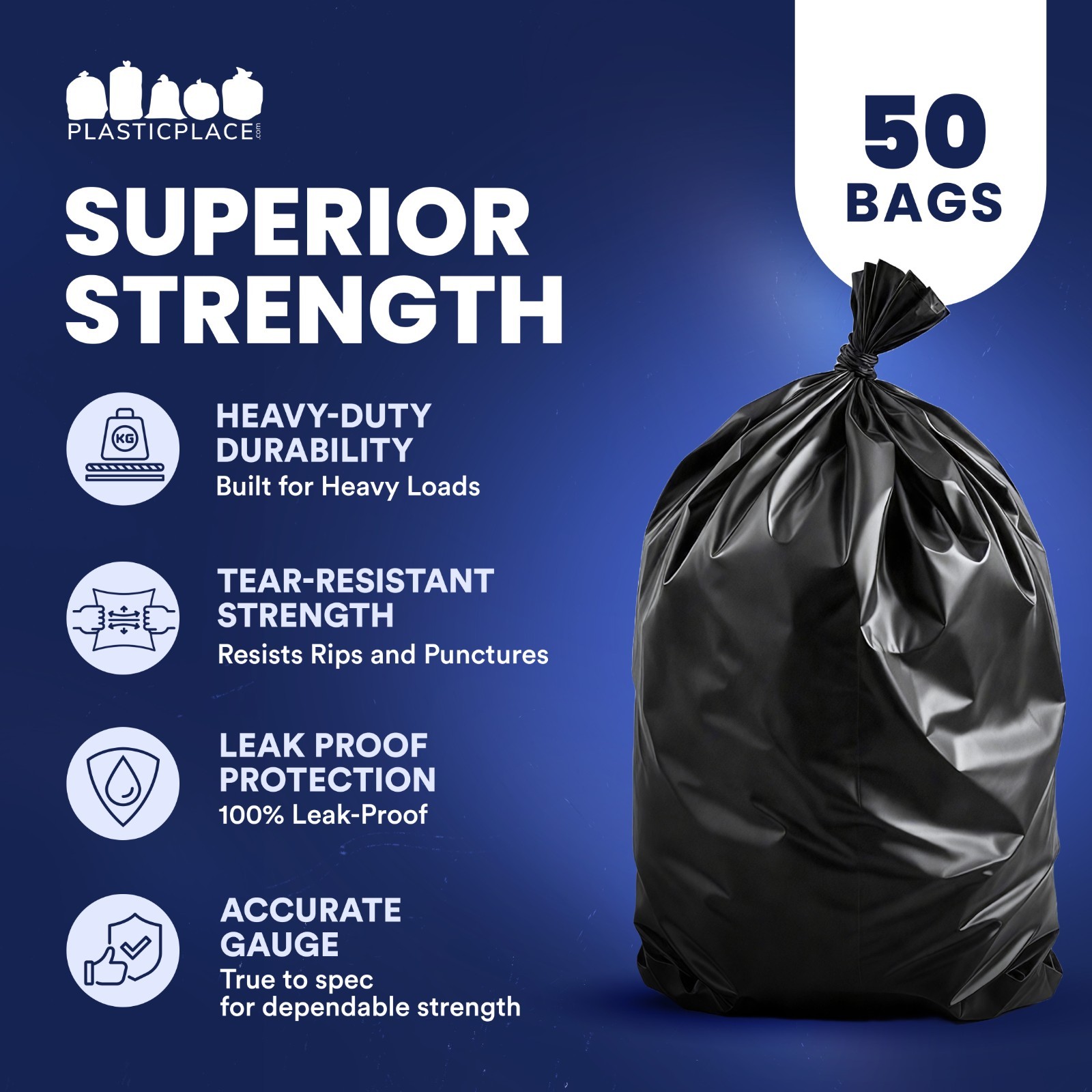 Plasticplace 56 Gallon Glutton Trash Bags – Black, Case of 50 Garbage Bags