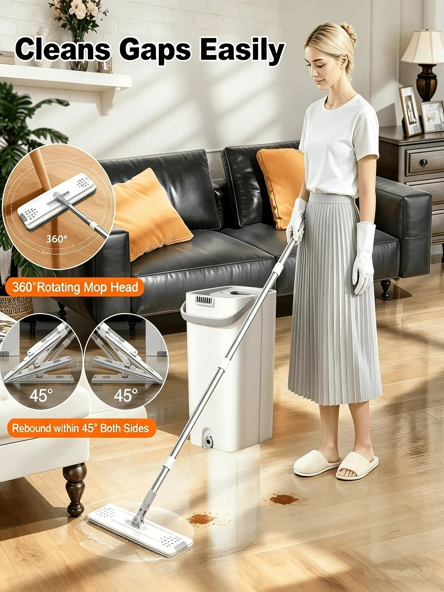 Mop Bucket Wringer Set 6 Reusable Microfiber Pads Wet Dry