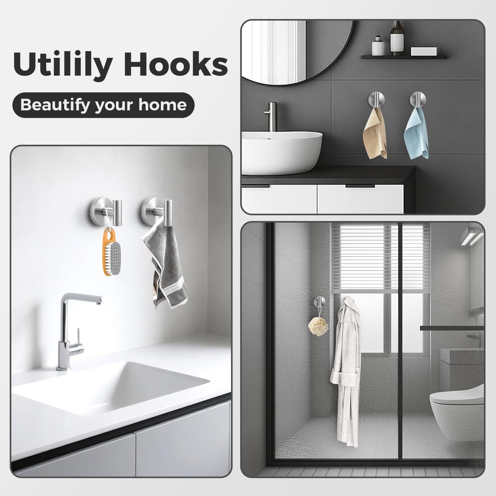 Removable Heavy Duty Suction Cup Shower Hooks, 4 Pack (Silver)