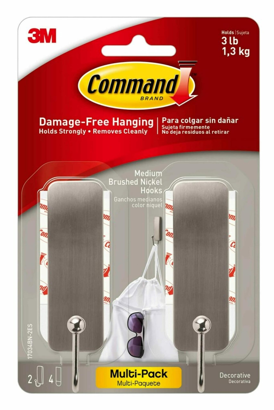 Command Decorative Wall Hooks Brushed Nickel Damage Free Holds Up to 3 Pounds