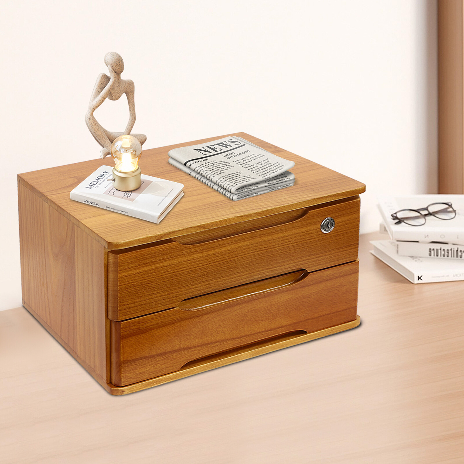 2 Tiers Wooden Tabletop Organizer Box Lockable Desktop Storage Cabinet w/Drawers