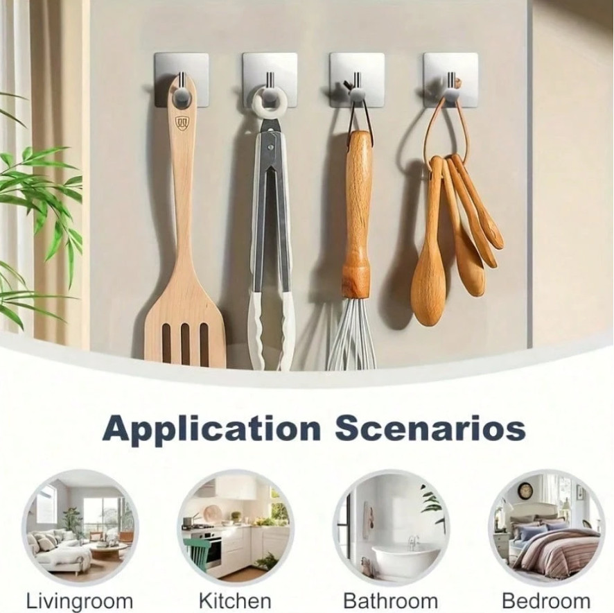 4 pcs Adhesive Bathroom Wall Hooks, Waterproof Stainless Steel Clothes Hangers