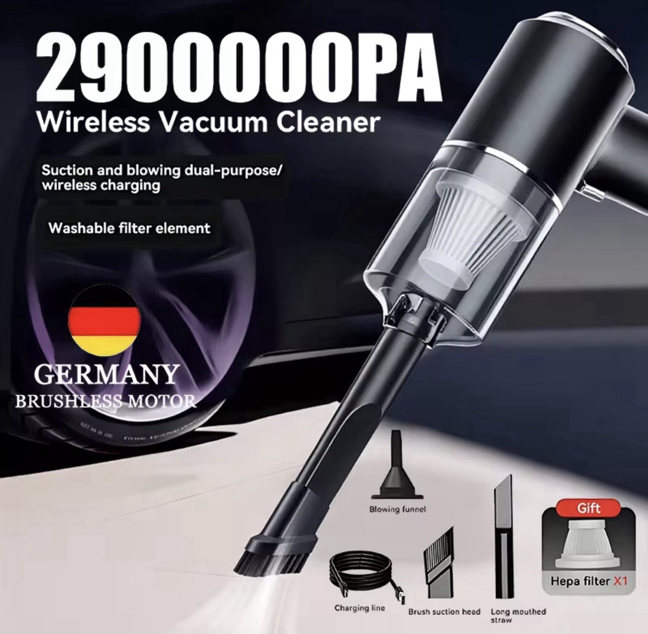 3-in-1 Cordless Car Vacuum Cleaner USB Rechargeable Handheld Air Blower -Black