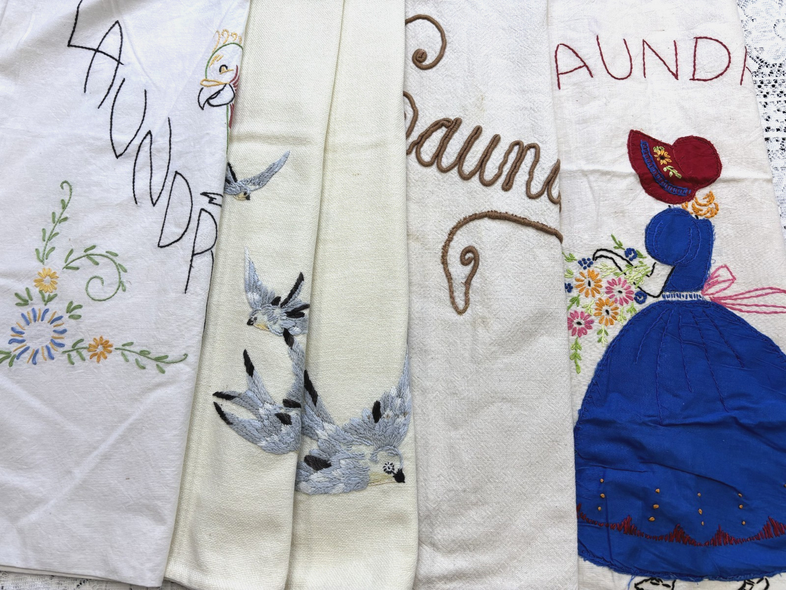 Lot 4 Vtg Antique Cotton Laundry Bags Draw String Clothes Sack Hand Embroidery
