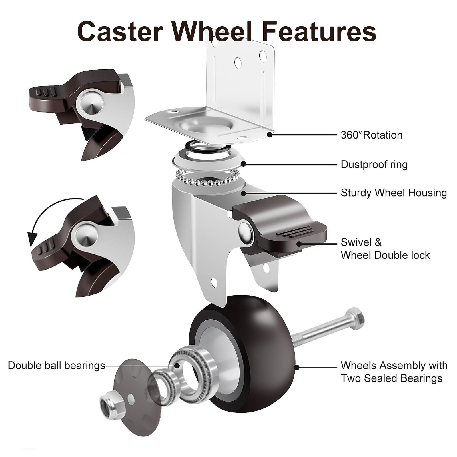 4 PCS 2 Inch LShaped Side Mount Caster Wheels Swivel 600 lb Load Rubber
