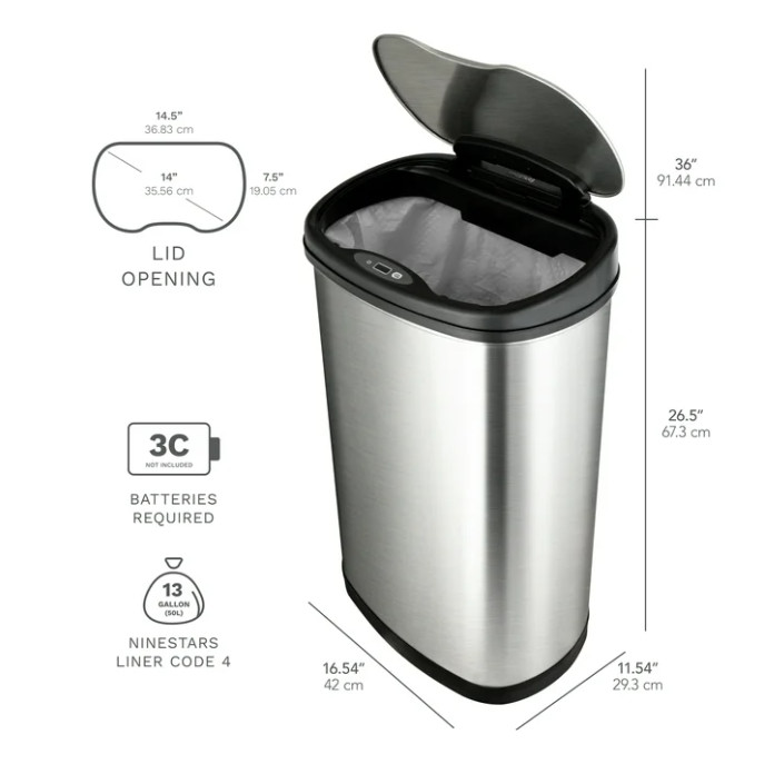 Nine Stars 13 Gallon Automatic Touchless Kitchen Trash Can, Stainless Steel