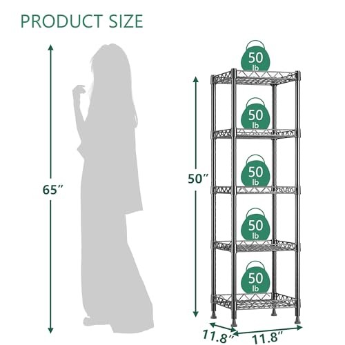 5 Tier Standing Shelving Metal Units, 11.8D x 11.8W x 50.0H (5Tier) Black