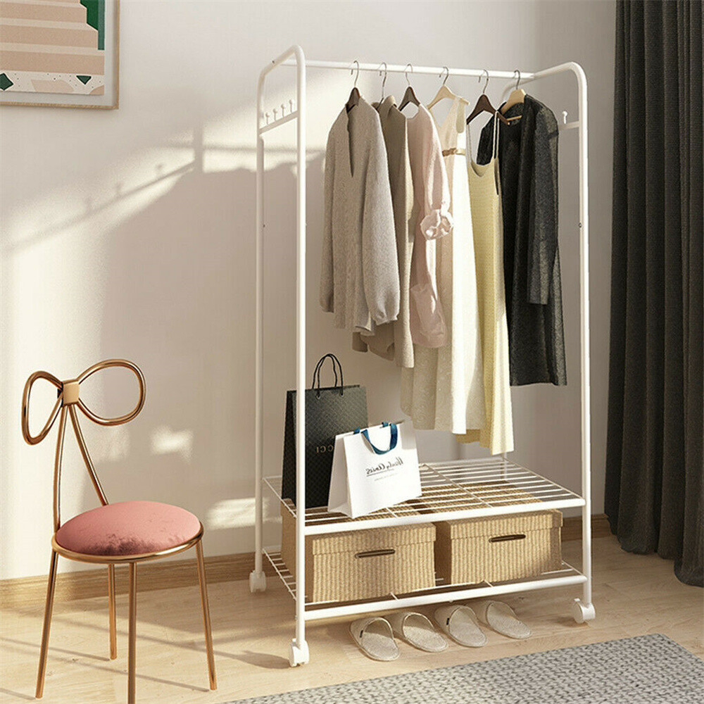 Heavy Duty White Clothing Garment Rack Rolling Clothes Organizer 2 Tiers Shelves